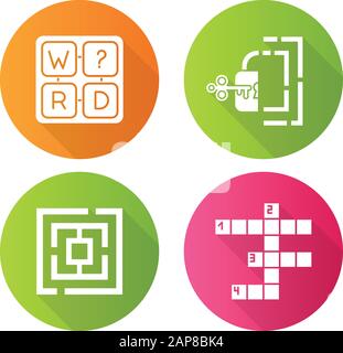 Puzzles and riddles flat design long shadow glyph icons set. Missing letter game. Maze, labirynth. Crossword. Logic games. Mental exercise. Challenge. Stock Vector