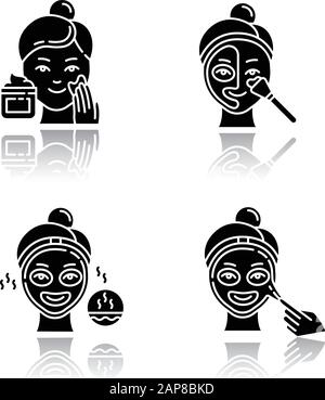 Skin care procedures drop shadow black glyph icons set. Applying exfoliating cream. Using thermal mask to open up pores. Liquid mask for facial treatm Stock Vector