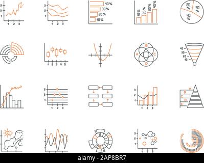 Chart and graph linear icons set. Round diagram. Histogram. Area chart. Pareto curve. Temperature map. Polar watch. Thin line contour symbols. Isolate Stock Vector