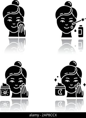 Applying sunscreen glyph icon. Face sun protection. Skin care procedure.  Facial beauty treatment. Cream product to avoid sunburn. Silhouette symbol.  Negative space. Vector isolated illustration Stock Vector