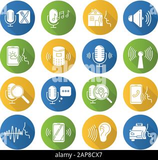 Voice control flat design long shadow glyph icons set. Sound request idea. Speech recognition process. Microphone using modes. Remote controlled apps. Stock Vector