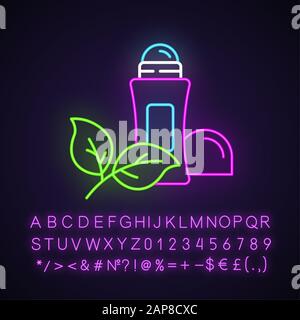Natural roll-on deodorant neon light icon. Hypoallergenic antiperspirant. Hygiene. Alluminium-free. Organic cosmetics. Glowing sign with alphabet, num Stock Vector