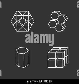 Geometric figures chalk icons set. Hexagon with ornate curves. Dimensional six corner combs. Prism model. Cube with grid. Abstract shapes. Isometric f Stock Vector