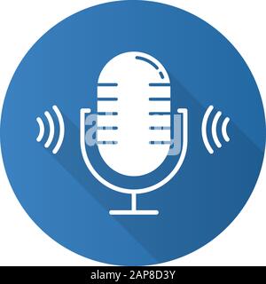 Blue microphone flat design long shadow glyph icon. Voice scan software idea. Modern sound recording equipment. Stereo frequency, speech recognize. Vo Stock Vector