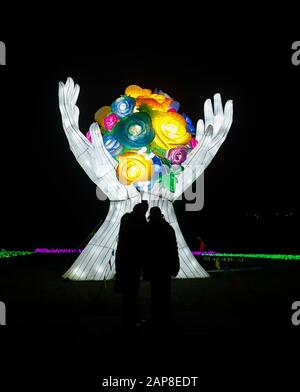 London, Britain. 21st Jan, 2020. Visitors view light installations in Chiswick House and Gardens during the Lightopia Festival official switching-on ceremony (photocall) in London, Britain, on Jan. 21, 2020. Lightopia will open to the public from Jan. 22 to March 1. Credit: Han Yan/Xinhua/Alamy Live News Stock Photo