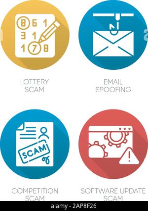 Scam types flat design long shadow glyph icons set. Lottery, competition fraudulent scheme. Email spoofing. Software update trick. Malware. Cybercrime Stock Vector