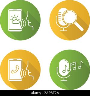 Sound request flat design long shadow glyph icons set. Voice control system idea. Speech recognition technology. Voice controlled apps. Microphones, s Stock Vector