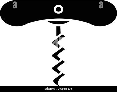 Wine corkscrew with spiral glyph icon. Bottle opening tool. Barman and sommelier equipment. Alcohol beverage device. Cork remover. Silhouette symbol. Stock Vector