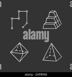 Geometric figures chalk icons set. Connected lines with points. Stock of dimensional blocks. Pile of bricks. Double pyramid. Abstract shapes. Isometri Stock Vector
