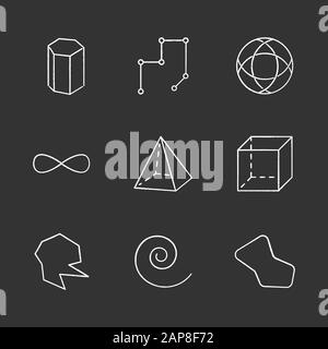 Geometric figures chalk icons set. Prism model. Connected lines. Complex striped circle. Eternity sign. Pyramid, cube. Round abstract shapes. Isometri Stock Vector