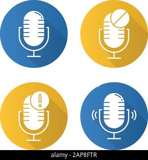 Microphone connection problems flat design long shadow glyph icons set. Sound recording mistake idea. Voice record equipments. Portable mics. Error no Stock Vector