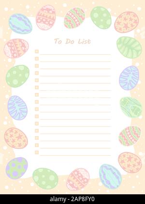 Cozy Easter weekly planner and to do list with paschal eggs. Vector vertical background. Holidays pastel frame.Cute template for agenda, planners, che Stock Vector
