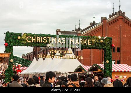 Entrance sign to the Yokohama Red Brick Warehouse Christmas Market Stock Photo