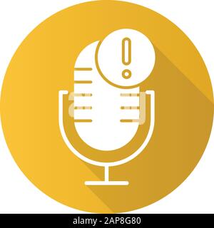 Yellow microphone technical error flat design long shadow glyph icon. Sound recorder connection problem idea. Voice control mistake. Recording equipme Stock Vector