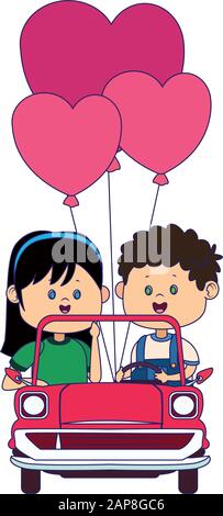 Happy boy and girl in a classic car with heart balloons Stock Vector