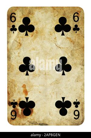 Six of Clubs Vintage playing card - isolated on white (clipping path included) Stock Photo