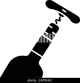 Bottle with cork and corkscrew glyph icon. Wine service. Winery tool. Alcohol beverage, aperitif, drink. Sommelier, barman. Silhouette symbol. Negativ Stock Vector