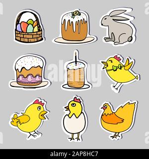 Set easter stickers in doodle style isolated on white background. Cartoon vector illustration. Chicken, hare, eggs, chickens, basket,Easter, Easter ca Stock Vector