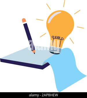 pencil with bulb light and notebook, colorful design Stock Vector