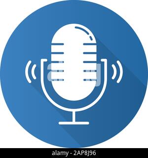 Blue loud microphone flat design long shadow glyph icon. Stereo mic recording sound idea. Portable wireless speaker. Audio equipment. Modern studio te Stock Vector