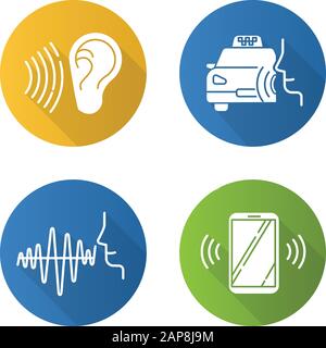 Speech recognizing flat design long shadow glyph icons set. Voice control idea. Soundwave, voice command, cab order. Interactive response system. Talk Stock Vector