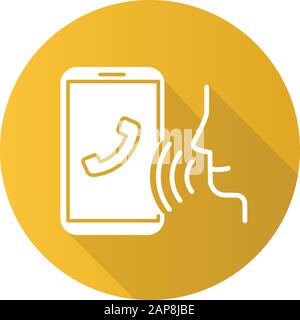 Yellow voice dialing flat design long shadow glyph icon. Smartphone call idea. Voice control, speech recognition. Phone conversation. Cellphone functi Stock Vector
