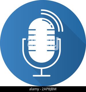 Blue dynamic microphone flat design long shadow glyph icon. Mike recording sound idea. Portable voice recorder. Wireless musical mic, professional stu Stock Vector