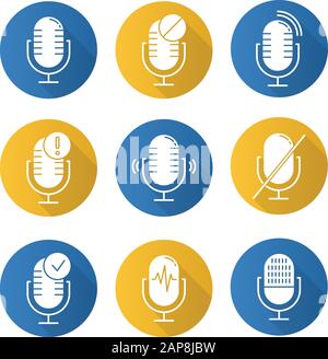 Microphone connection problem flat design long shadow glyph icons set. Sound recorders idea. Connected mics. Different voice commands. Music equipment Stock Vector