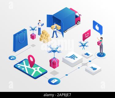 Internet shopping system isometric vector illustration. Delivery service workers and happy customer cartoon characters. Drone delivering purchase, modern transportation business, e shopping concept Stock Vector
