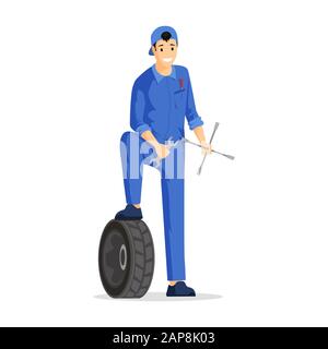 Professional auto mechanic flat vector illustration. Car maintenance service employee in coverall cartoon character. Automotive technician, happy automobile repairman, handyman holding tools Stock Vector