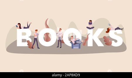 Reading books word concept banner. Intelligent young people enjoying novels cartoon characters. Bibliophiles and scientists hobby, students revising for exam with textbooks, intellectual pastime idea Stock Vector