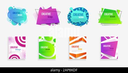 Trendy vector banners templates set. Futuristic multicolor backgrounds with copyspace. Stylish colorful presentation backdrops with minimalist geometric shapes, paint splash and bubbles effect Stock Vector