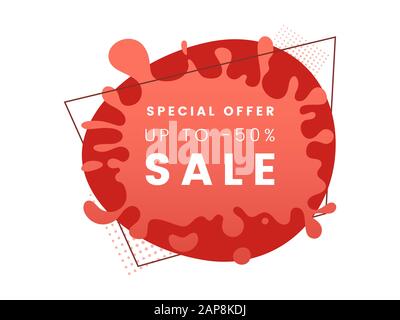 Special price offer flat banner template. 50 percent off discount, creative sale promo poster layout on red background. Trendy stylized paint splash backdrop for shop clearance advertising campaign Stock Vector