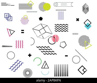 geometric design elements set.Memphis design Vector abstract geometric line graphic shapes, modern hipster circle triangle template colorful illustrat Stock Vector