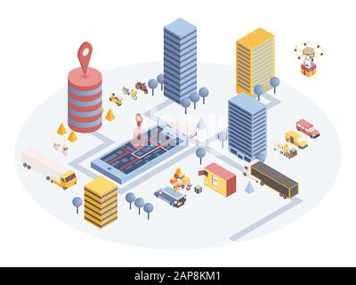 Urban goods delivery vector isometric illustration. Cartoon warehouse with cardboard boxes and van in residential area. Mobile application for parcel tracking with geo tag on addressee location Stock Vector