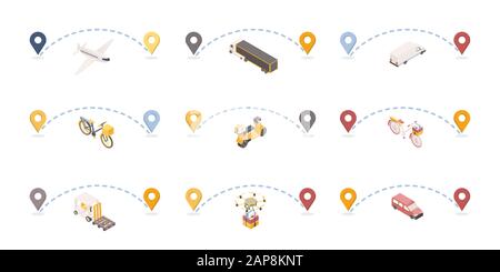 Parcels delivery routes isometric illustrations set. Shipment destination marked with geotags. Logistic company transportation vehicles icons collection, postal office delivery service concept Stock Vector