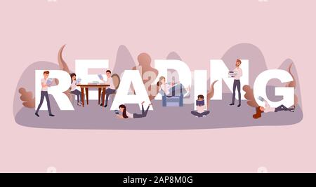 Reading time word concept banner. Couple enjoying novel in cafe cartoon characters. Intellectual people hobby, students revising textbooks, adults relaxing with books, teenagers useful pastime Stock Vector