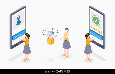 Internet orders isometric illustrations set. Cartoon girl purchasing clothes online and adding feedback, review in mobile application. Futuristic drone delivery for express e commerce goods shipment Stock Vector