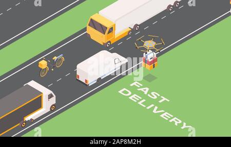 Fast delivery isometric banner template. Cartoon trucks, van and drone carrying parcels. Express goods shipment ads, postal service transportation vehicles, logistic company promo poster layout Stock Vector