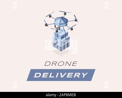 Drone delivery isometric banner template. 3d cartoon quadrotor with parcels and boxes isolated illustration. Futuristic express orders shipment, modern postal service shipping option Stock Vector