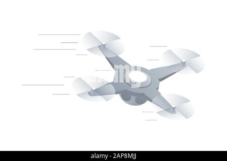 Fast aerial drone isometric vector illustration. Remotely controlled quadrocopter in motion, modern mobile aircraft, UAV isolated on white background. Contemporary technology design element Stock Vector
