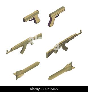 Military weapons isometric vector illustrations set. Modern army weaponry, ammunition, armed conflict design elements. Handguns, automatic machine guns and missile rockets isolated on white background Stock Vector