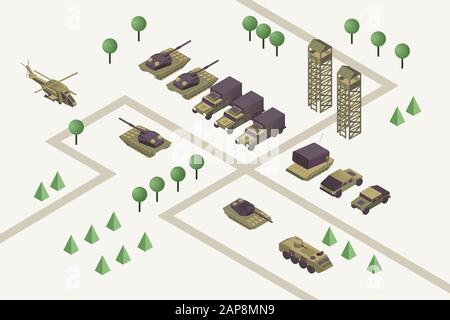 Military camp isometric vector illustration. Combat training ground with watchtowers, heavy weaponry, armored helicopter, rocket missile launchers and tanks. Modern warfare area, armed conflict Stock Vector