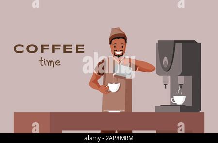 Coffee time flat banner vector template. Barista profession, coffee house , cafe advertising poster concept. Young african american man making delicious drink illustration with typography Stock Vector