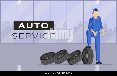 Auto service flat banner vector template. Car repair workshop, professional automobile maintenance advertising poster concept. Young mechanic, handyman in coverall illustration with typography Stock Vector