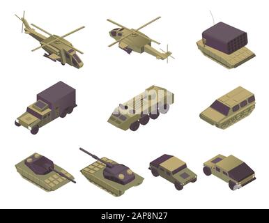 Military vehicles isometric vector illustrations set. Modern army transport, armored aircrafts, personal carriers and heavy machinery. Helicopters, APC, rocket missile launcher, truck and tanks Stock Vector