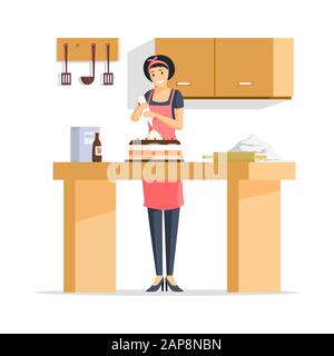 Woman making cake flat vector illustration. Cheerful bakehouse worker in apron, young housewife on kitchen cartoon character. Female baker cooking sweet dessert, homemade baking, household bakery Stock Vector