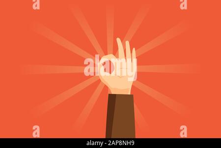 OK gesture flat vector illustration. Human hand showing modern agreement sign isolated on orange background with sunburst. Trendy body language, nonverbal communication idea design element Stock Vector