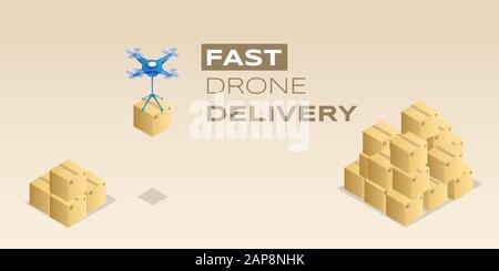 Fast drone delivery vector banner template. Modern package distribution service, parcel delivering business poster concept. Quadrocopter carrying cardboard box isometric illustration with typography Stock Vector