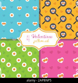 Cute cartoon seamless pattern set. Heart shape fried eggs on the pan. Valentines day concept. Easter holiday background. Stock vector illustration in Stock Vector